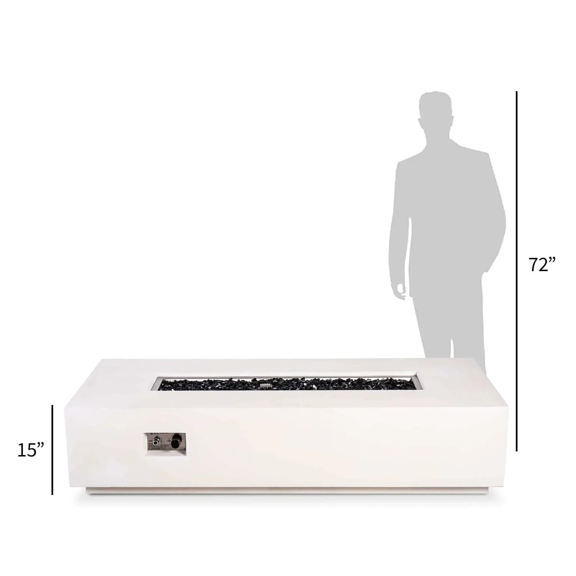 Size comparison of the Flame Havens Refuge Series 68 x 30 x 15-inch white GFRC rectangular natural gas fire pit beside a 72-inch human silhouette. The front view shows the fire pit’s 15-inch height, black fire glass, stainless steel burner opening and recessed CSA ignition controls.