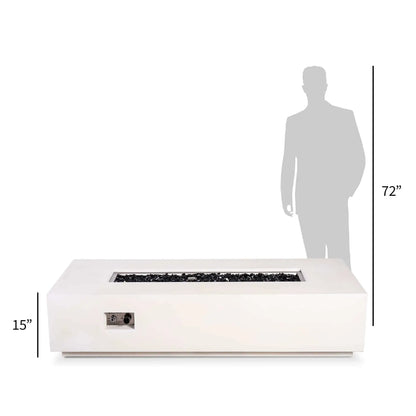 Size comparison of the Flame Havens Refuge Series 68 x 30 x 15-inch white GFRC rectangular natural gas fire pit beside a 72-inch human silhouette. The front view shows the fire pit’s 15-inch height, black fire glass, stainless steel burner opening and recessed CSA ignition controls.