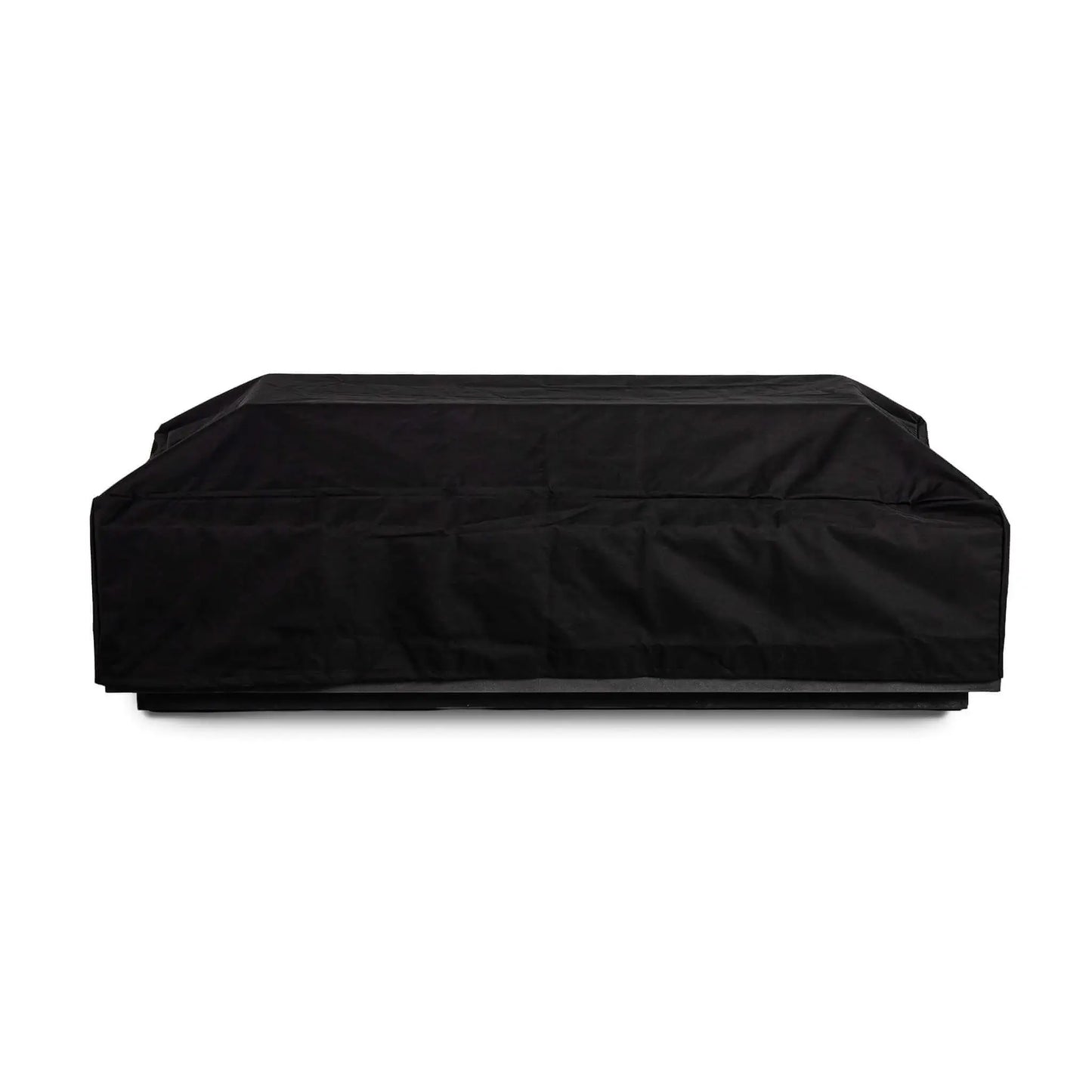 Flame Havens Refuge Series 68 x 30 x 15-inch rectangular natural gas fire pit shown with a fitted black canvas cover placed over the installed glass wind guard. The raised center and tailored sides accommodate the wind guard while covering the black GFRC fire pit from top to base.