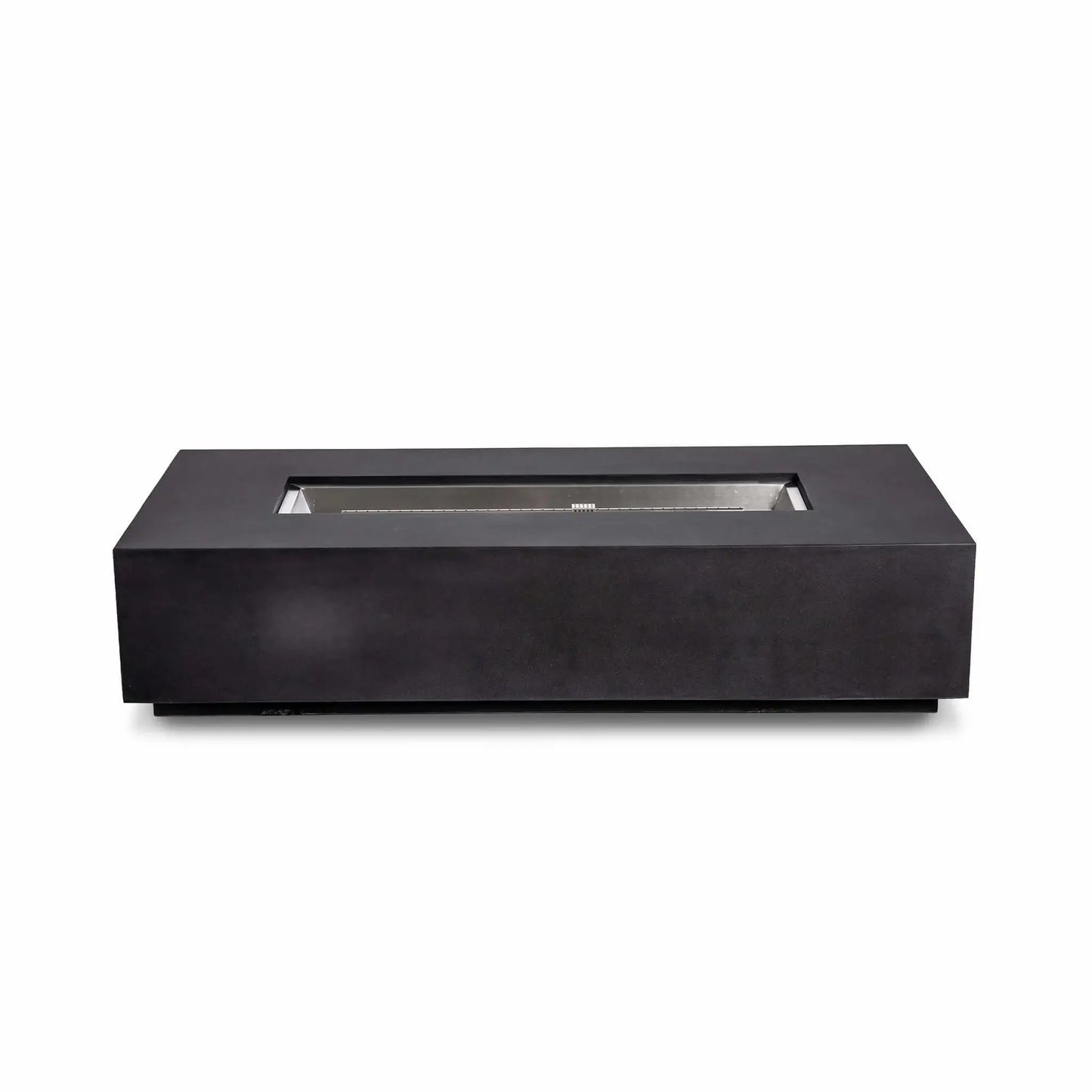 Straight front view of the Flame Havens Refuge Series 68 x 30 x 15-inch rectangular natural gas fire pit in black GFRC concrete. Shown without fire media or visible exterior controls, the recessed opening reveals a stainless steel burner pan, linear burner, and central CSA ignition housing against a white background.