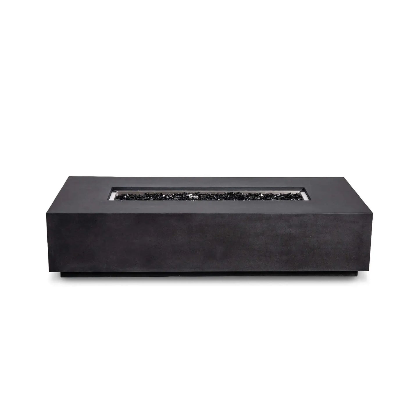 Flame Havens Refuge Series 68 x 30 x 15-inch rectangular natural gas fire pit shown straight on with the flame off and no exterior controls visible. Reflective tempered black fire glass fills the long stainless steel burner pan, framed by a minimalist black GFRC concrete body.