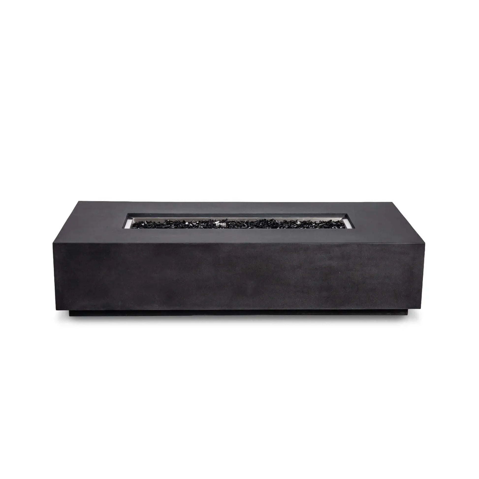 Flame Havens Refuge Series 68 x 30 x 15-inch rectangular natural gas fire pit shown straight on with the flame off and no exterior controls visible. Reflective tempered black fire glass fills the long stainless steel burner pan, framed by a minimalist black GFRC concrete body.
