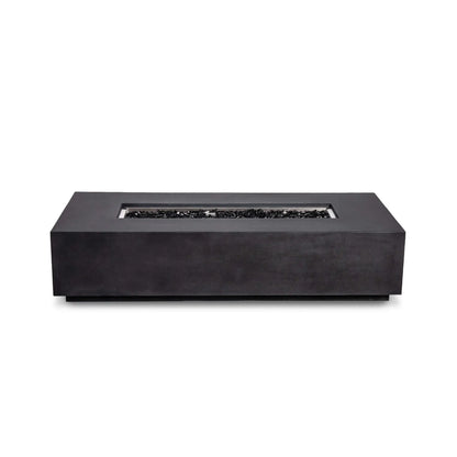 Flame Havens Refuge Series 68 x 30 x 15-inch rectangular natural gas fire pit shown straight on with the flame off and no exterior controls visible. Reflective tempered black fire glass fills the long stainless steel burner pan, framed by a minimalist black GFRC concrete body.