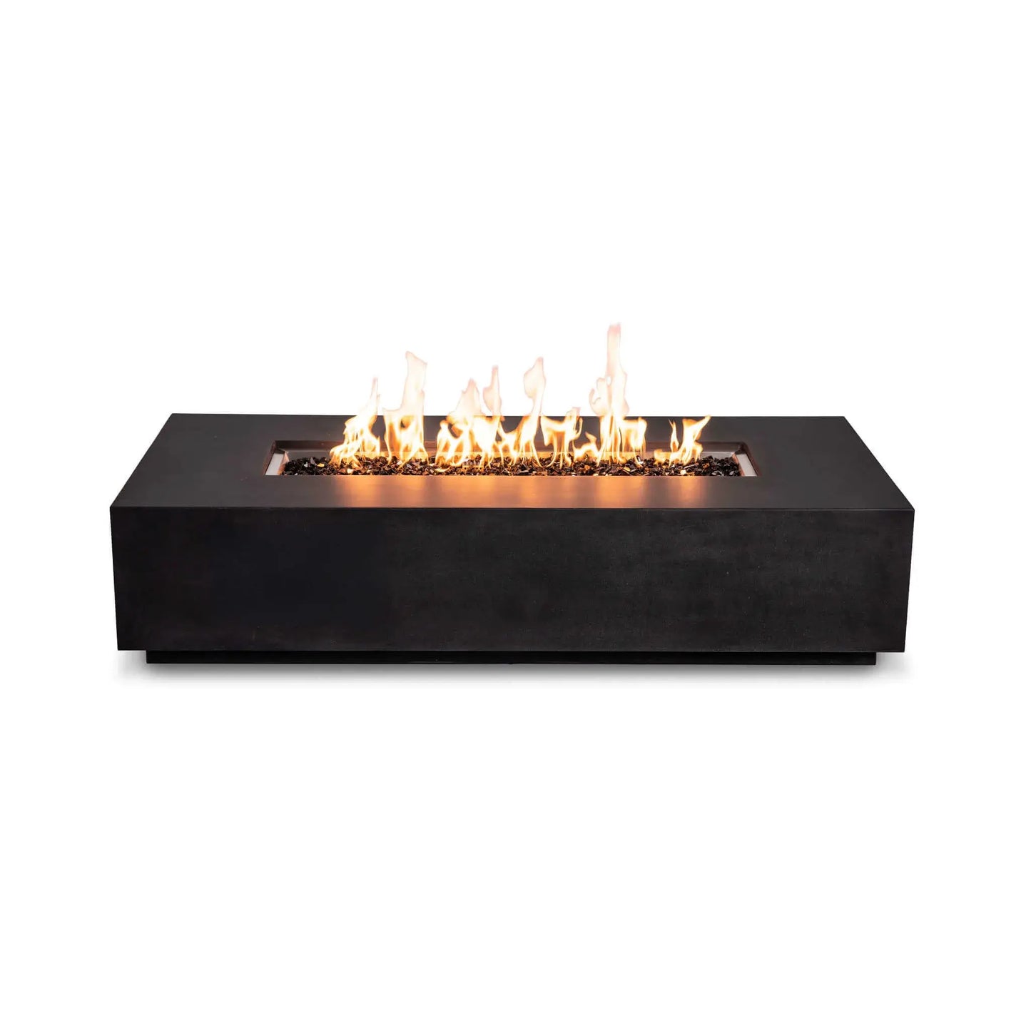 Straight-on view of the Flame Havens Refuge Series 68 x 30 x 15-inch black GFRC rectangular natural gas fire pit with no controls visible. A broad line of orange and yellow flames rises from reflective tempered black fire glass inside the recessed stainless steel burner pan.