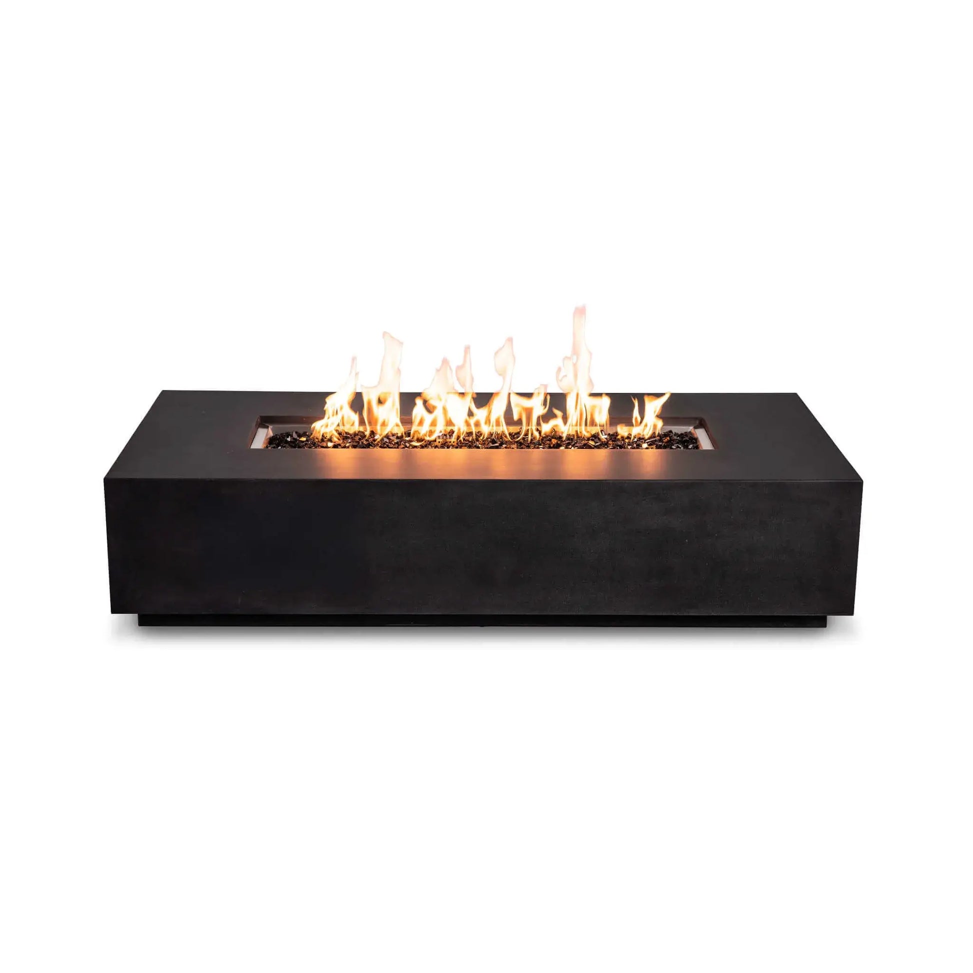Straight-on view of the Flame Havens Refuge Series 68 x 30 x 15-inch black GFRC rectangular natural gas fire pit with no controls visible. A broad line of orange and yellow flames rises from reflective tempered black fire glass inside the recessed stainless steel burner pan.