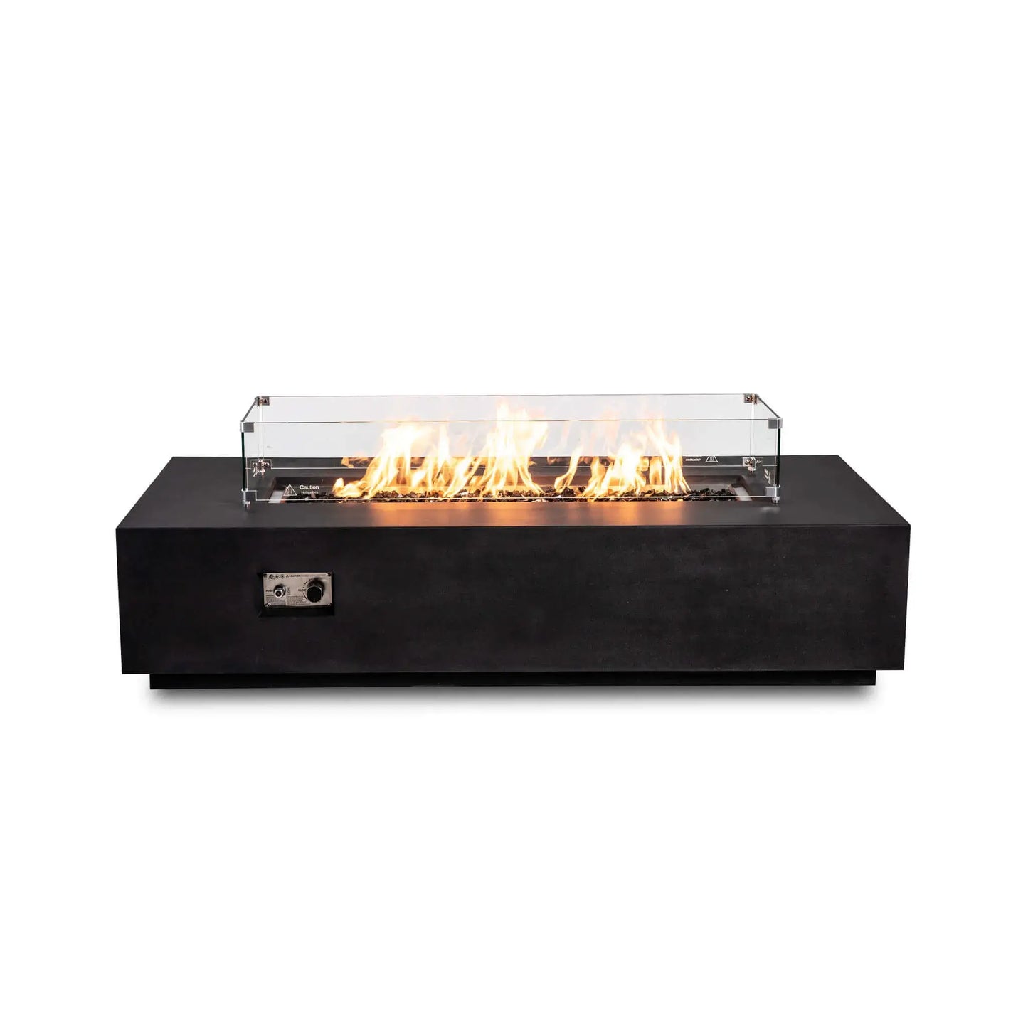 Straight front view of the Flame Havens Refuge Series 68 x 30 x 15-inch black GFRC natural gas fire pit with its tempered glass wind guard installed. Bright flames burn through reflective tempered black fire glass behind clear panels secured by metal corner brackets, with the ignition controls visible on the front.