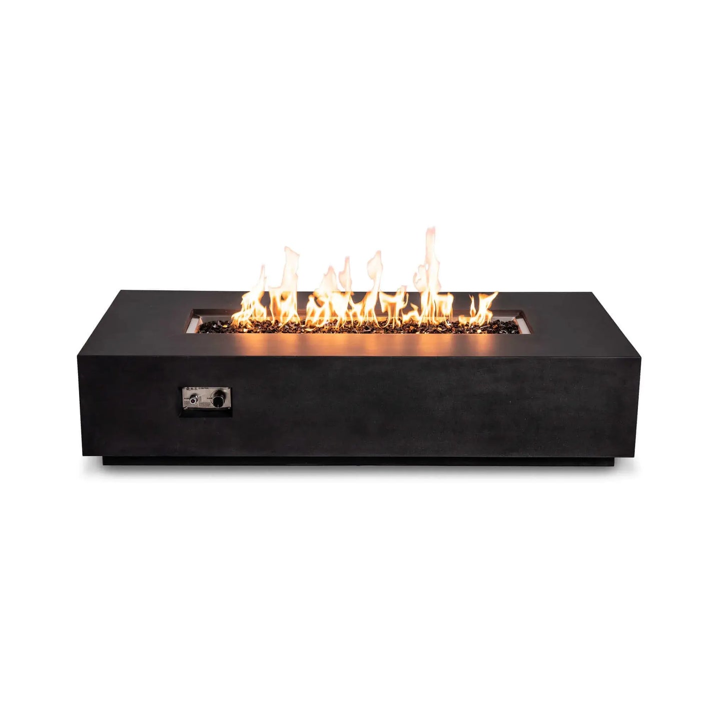 Flame Havens Refuge Series 68 x 30 x 15-inch rectangular natural gas fire pit shown straight on with the fire burning. Tall orange flames extend across reflective tempered black fire glass, while the recessed ignition button and flame-control knob are visible on the front of the black GFRC concrete body.