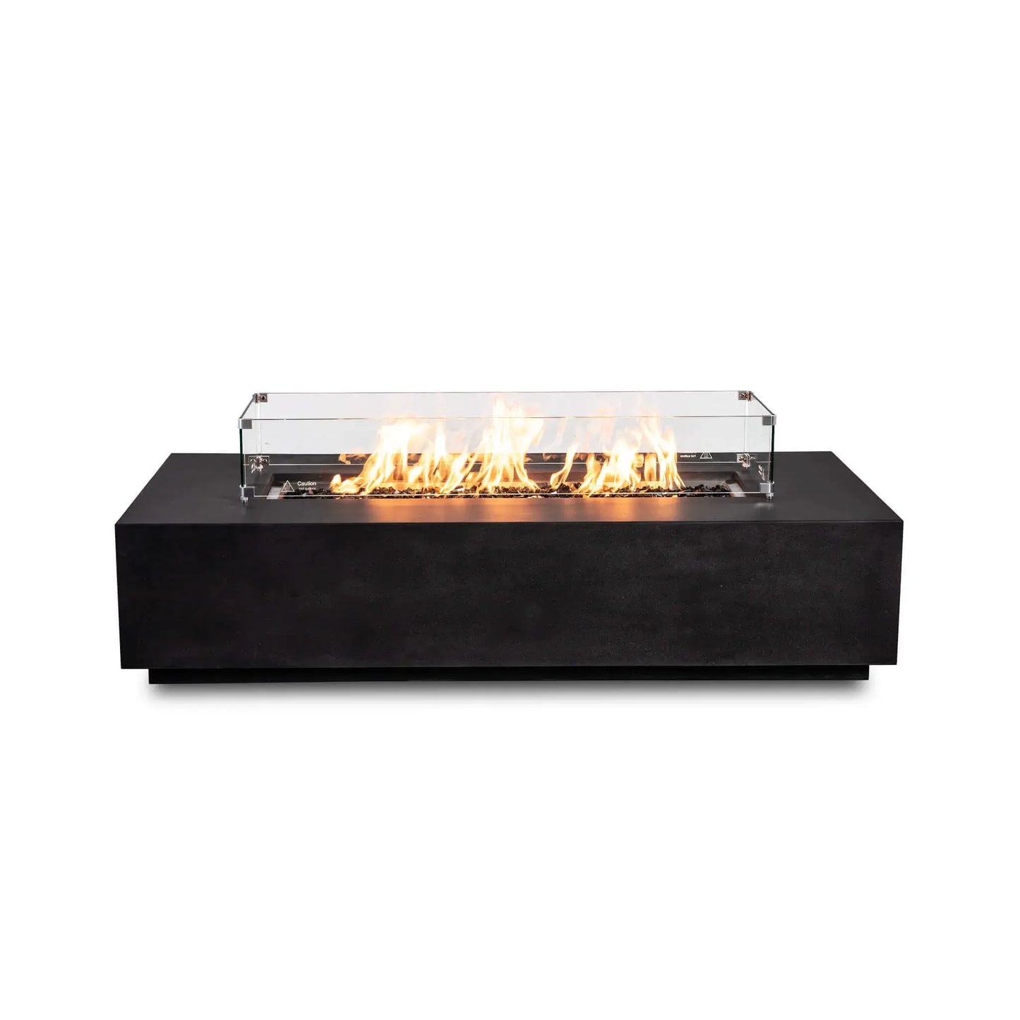 Straight-on product view of the Flame Havens Refuge Series 68 x 30 x 15-inch black GFRC natural gas fire pit with no exterior controls visible. A clear tempered glass wind guard with metal corner brackets surrounds bright flames burning across reflective tempered black fire glass.