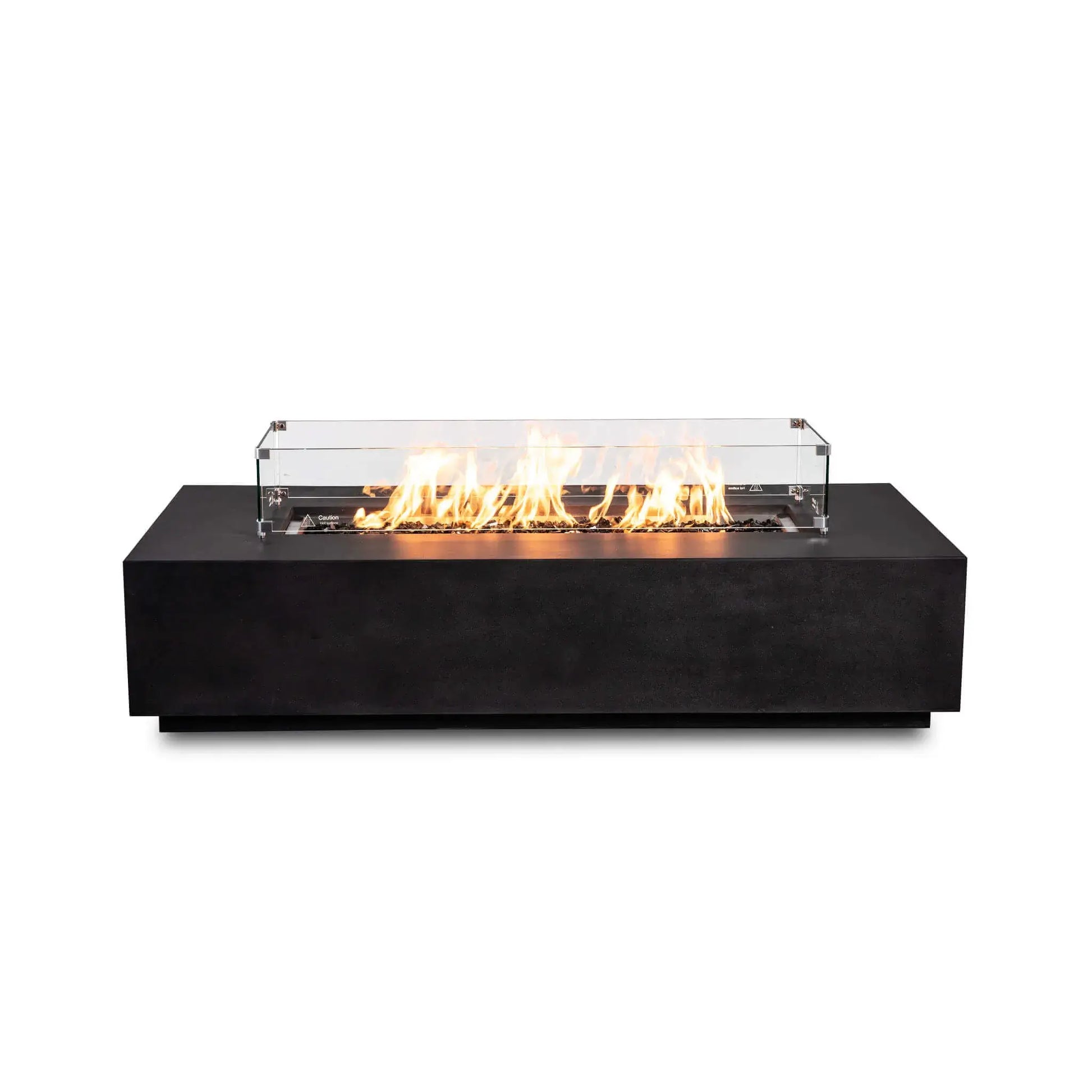 Straight-on product view of the Flame Havens Refuge Series 68 x 30 x 15-inch black GFRC natural gas fire pit with no exterior controls visible. A clear tempered glass wind guard with metal corner brackets surrounds bright flames burning across reflective tempered black fire glass.