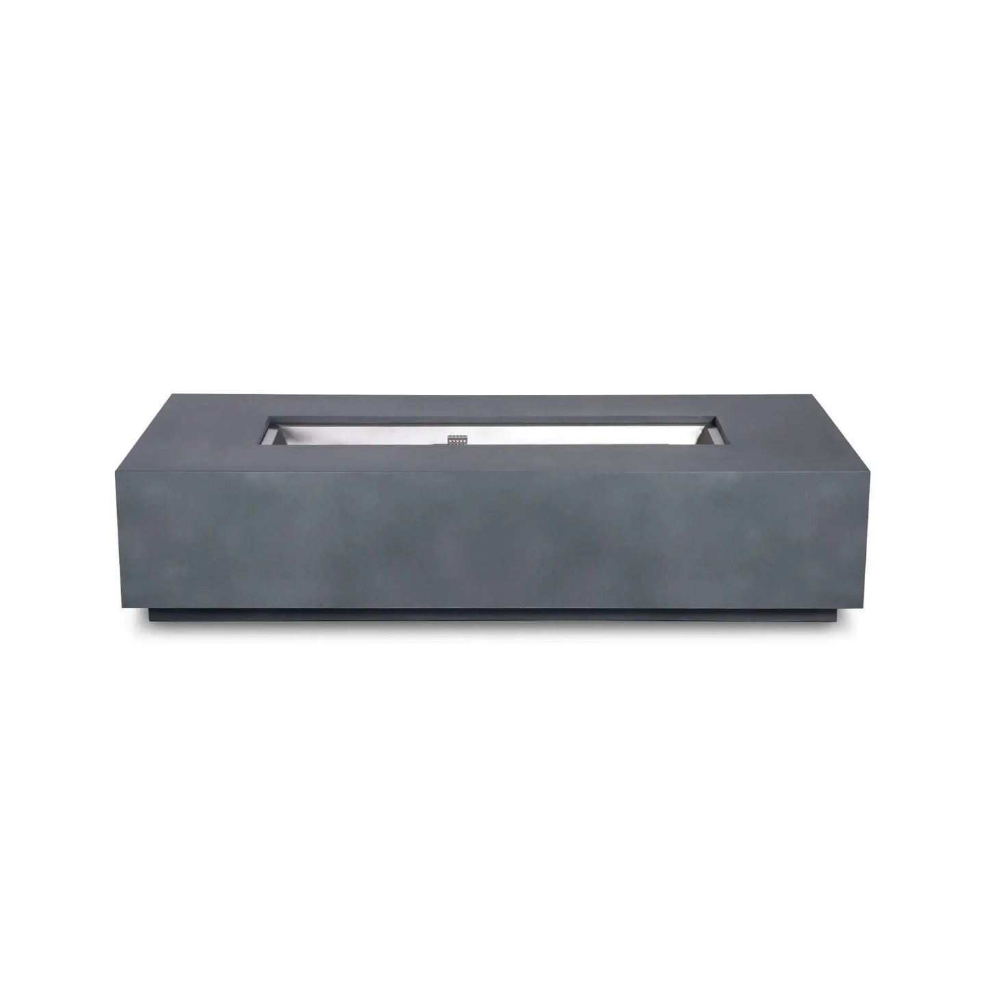 Straight front view of the Flame Havens Refuge Series 68 x 30 x 15-inch rectangular natural gas fire pit in natural gray GFRC concrete. Shown without visible controls or fire media, the clean front face complements the recessed stainless steel burner pan and centered CSA ignition cage.