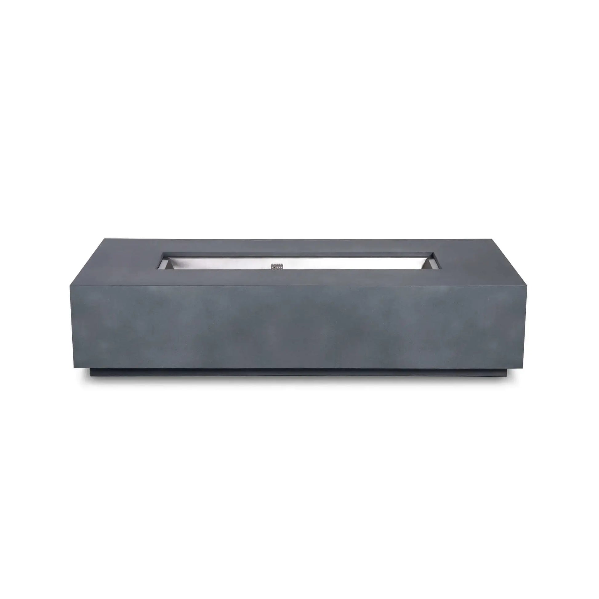 Straight front view of the Flame Havens Refuge Series 68 x 30 x 15-inch rectangular natural gas fire pit in natural gray GFRC concrete. Shown without visible controls or fire media, the clean front face complements the recessed stainless steel burner pan and centered CSA ignition cage.