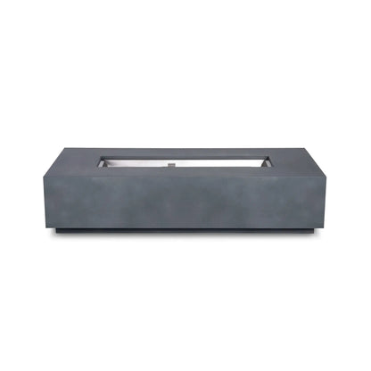Straight front view of the Flame Havens Refuge Series 68 x 30 x 15-inch rectangular natural gas fire pit in natural gray GFRC concrete. Shown without visible controls or fire media, the clean front face complements the recessed stainless steel burner pan and centered CSA ignition cage.