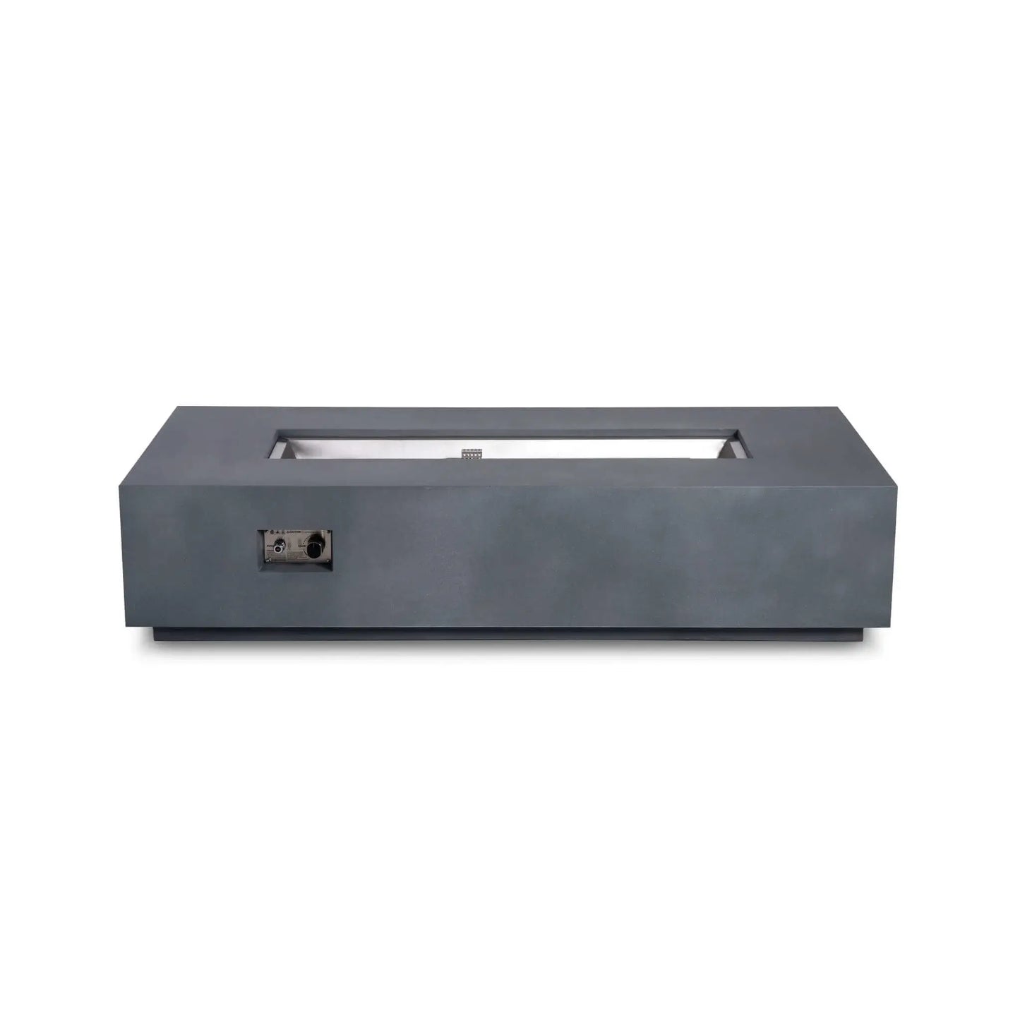 Straight product view of the Flame Havens Refuge Series 68 x 30 x 15-inch natural gray GFRC concrete fire pit. The media-free opening reveals the recessed stainless steel burner pan and CSA ignition cage, while the front panel displays the push-button ignitor and adjustable natural gas control knob.