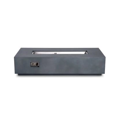 Straight product view of the Flame Havens Refuge Series 68 x 30 x 15-inch natural gray GFRC concrete fire pit. The media-free opening reveals the recessed stainless steel burner pan and CSA ignition cage, while the front panel displays the push-button ignitor and adjustable natural gas control knob.