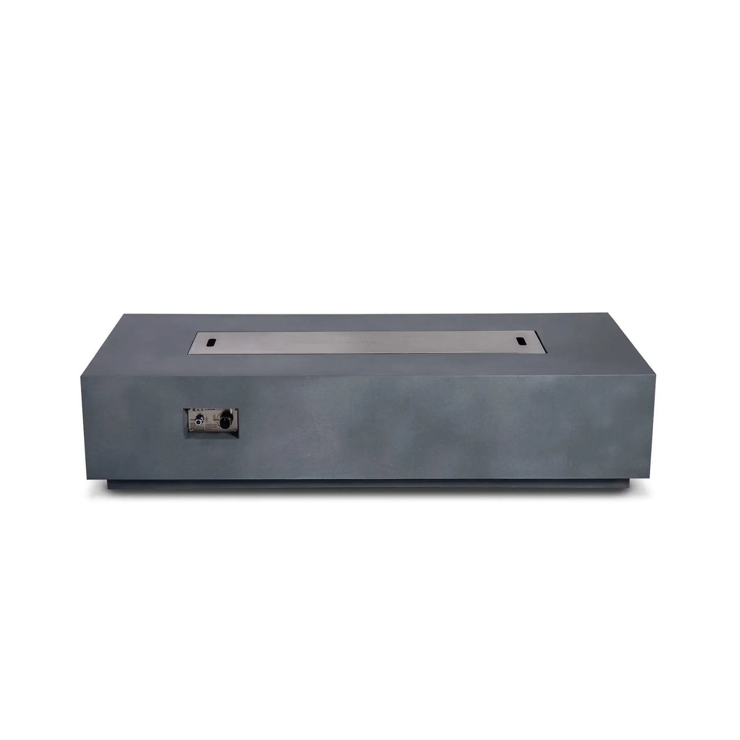 Straight front view of the Flame Havens Refuge Series 68 x 30 x 15-inch rectangular natural gas fire pit in natural gray GFRC concrete. A flush stainless steel burner cover with two lifting slots protects the burner opening, while the recessed ignition button and flame-control knob remain visible on the front.