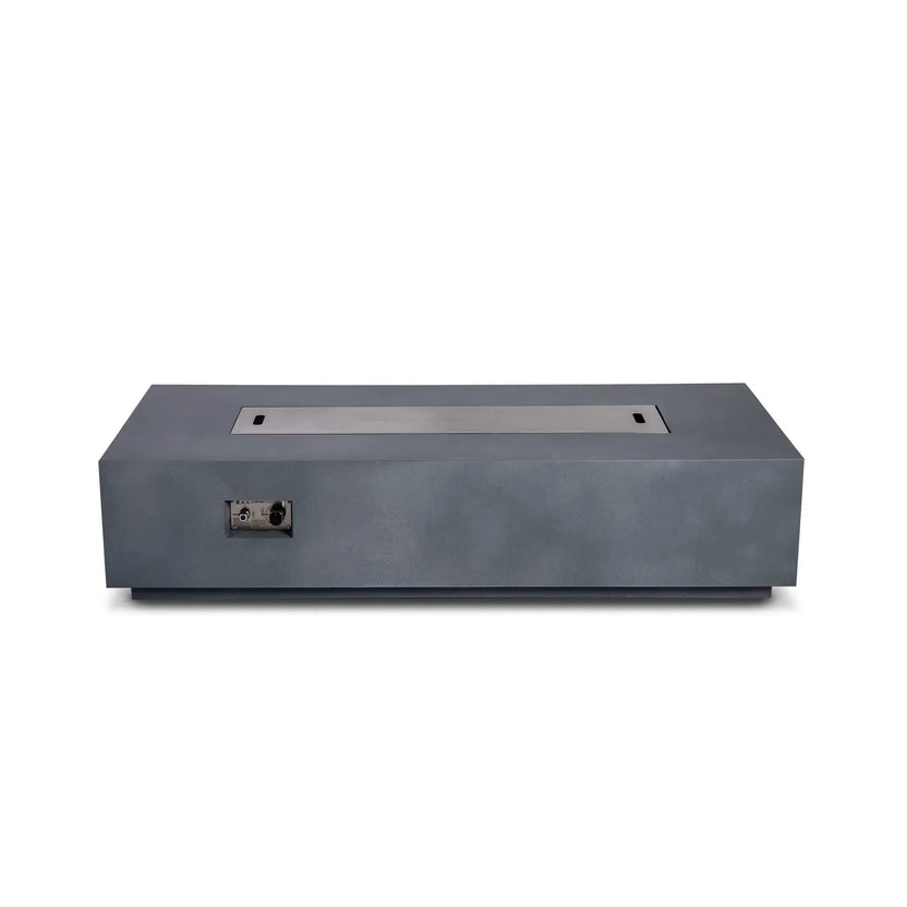 Straight front view of the Flame Havens Refuge Series 68 x 30 x 15-inch rectangular natural gas fire pit in natural gray GFRC concrete. A flush stainless steel burner cover with two lifting slots protects the burner opening, while the recessed ignition button and flame-control knob remain visible on the front.