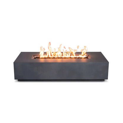 Straight front view of the Flame Havens Refuge Series 68 x 30 x 15-inch rectangular natural gas fire pit in natural gray GFRC concrete. A broad line of flames burns over tempered black fire glass inside the recessed stainless steel pan, while the smooth front face is shown without visible controls.
