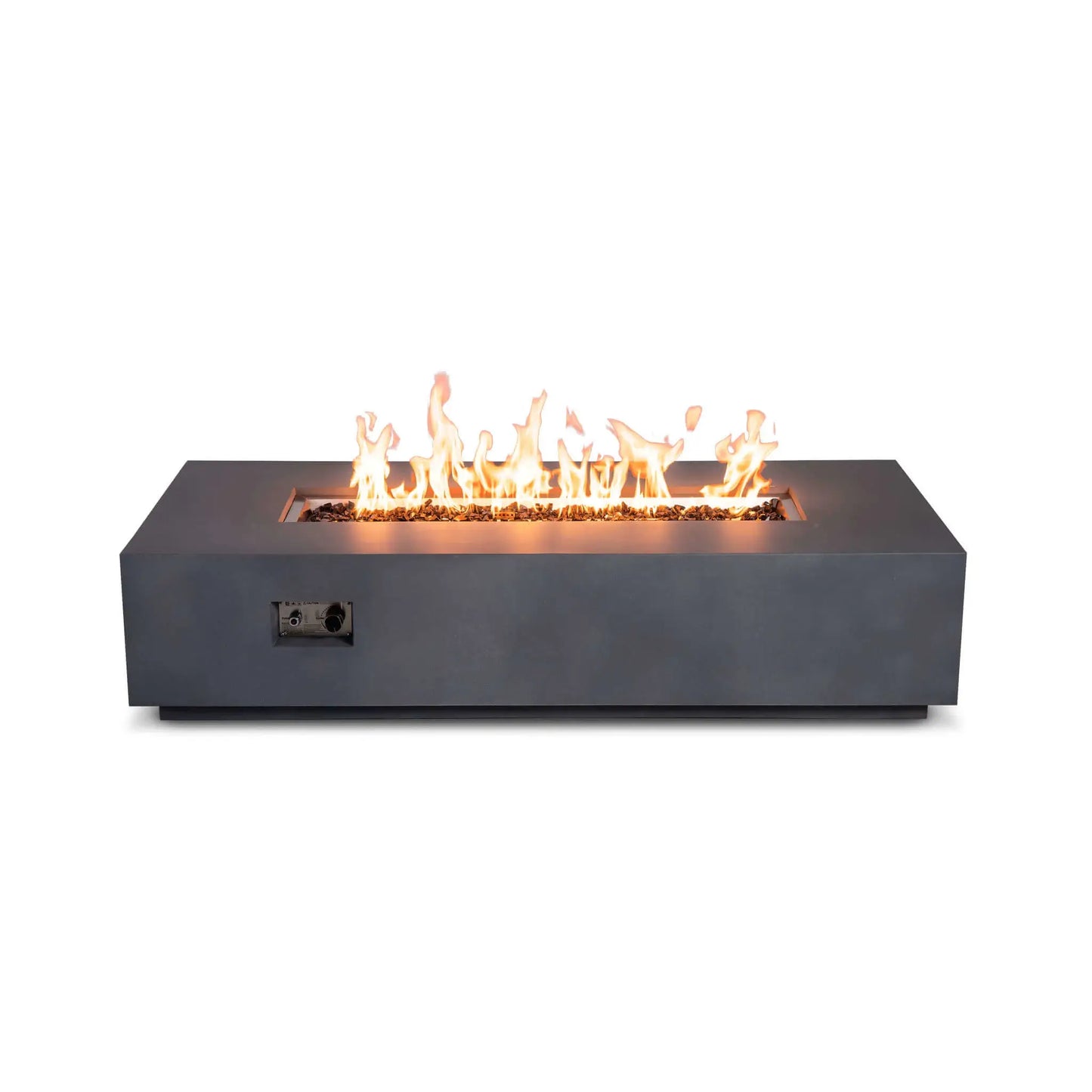 Straight front view of the Flame Havens Refuge Series 68 x 30 x 15-inch natural gray GFRC concrete fire pit in operation. Bright flames burn across tempered black fire glass in the recessed linear burner, with the push-button ignition and adjustable natural gas flame-control knob visible on the front panel.