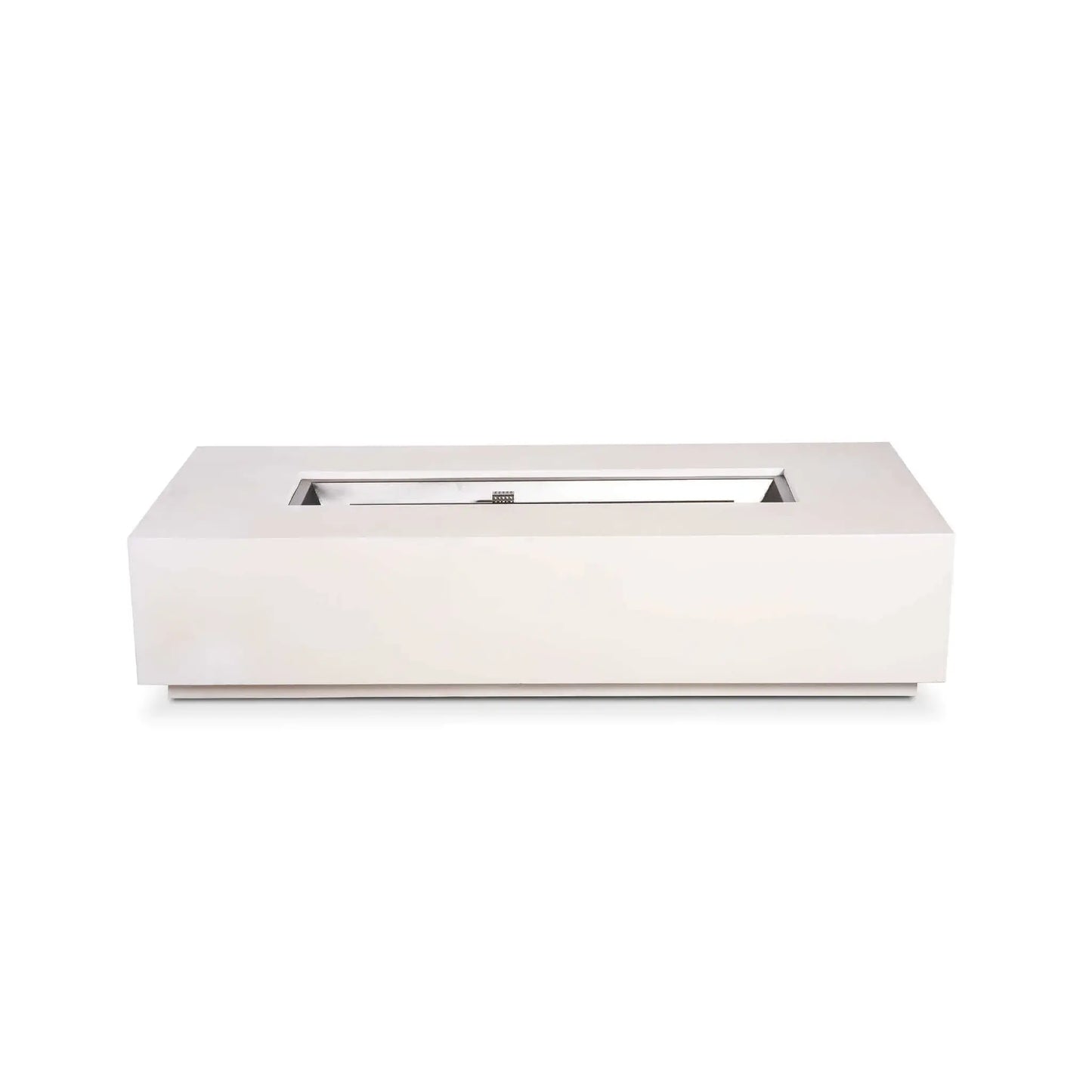 Straight studio view of the Flame Havens Refuge Series 68 x 30 x 15-inch rectangular natural gas fire pit in white GFRC concrete. The image highlights the unfilled stainless steel burner pan and centered CSA ignition assembly, with no controls visible on the smooth front face.