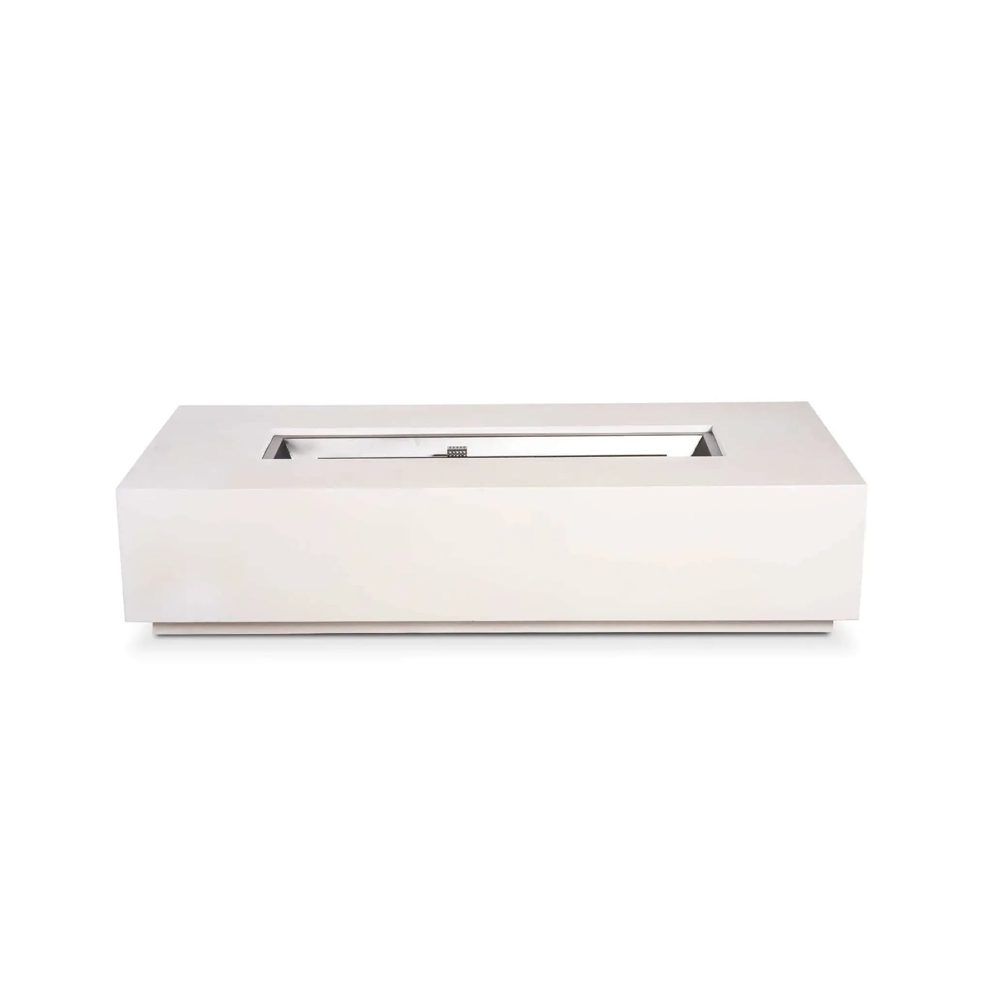 Straight studio view of the Flame Havens Refuge Series 68 x 30 x 15-inch rectangular natural gas fire pit in white GFRC concrete. The image highlights the unfilled stainless steel burner pan and centered CSA ignition assembly, with no controls visible on the smooth front face.