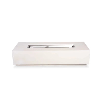 Straight studio view of the Flame Havens Refuge Series 68 x 30 x 15-inch rectangular natural gas fire pit in white GFRC concrete. The image highlights the unfilled stainless steel burner pan and centered CSA ignition assembly, with no controls visible on the smooth front face.