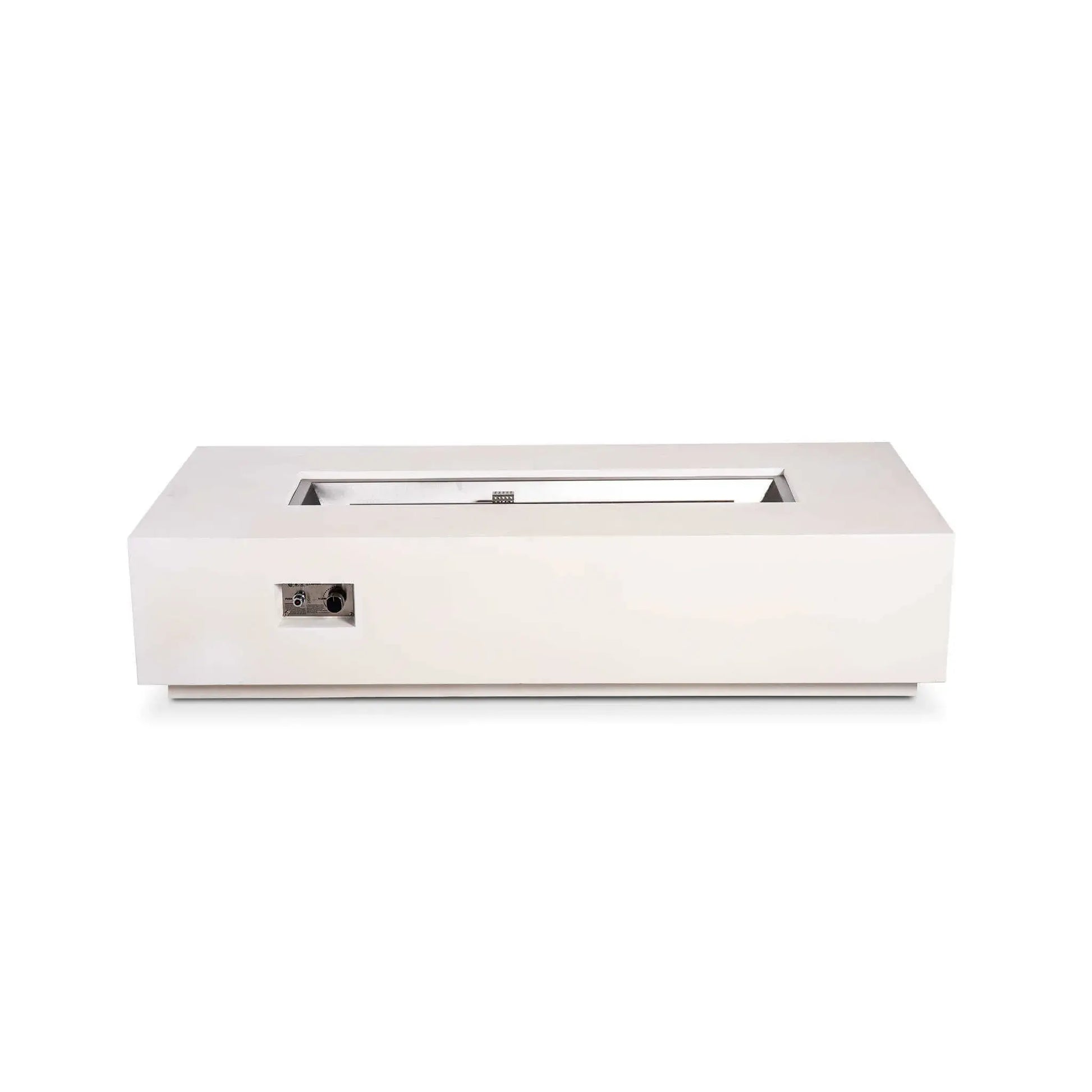 Flame Havens Refuge Series 68 x 30 x 15-inch white GFRC rectangular natural gas fire pit shown from the front. The open stainless steel burner pan and centered CSA ignition cage are visible from above, with a recessed push-button igniter and flame adjustment knob on the front face.
