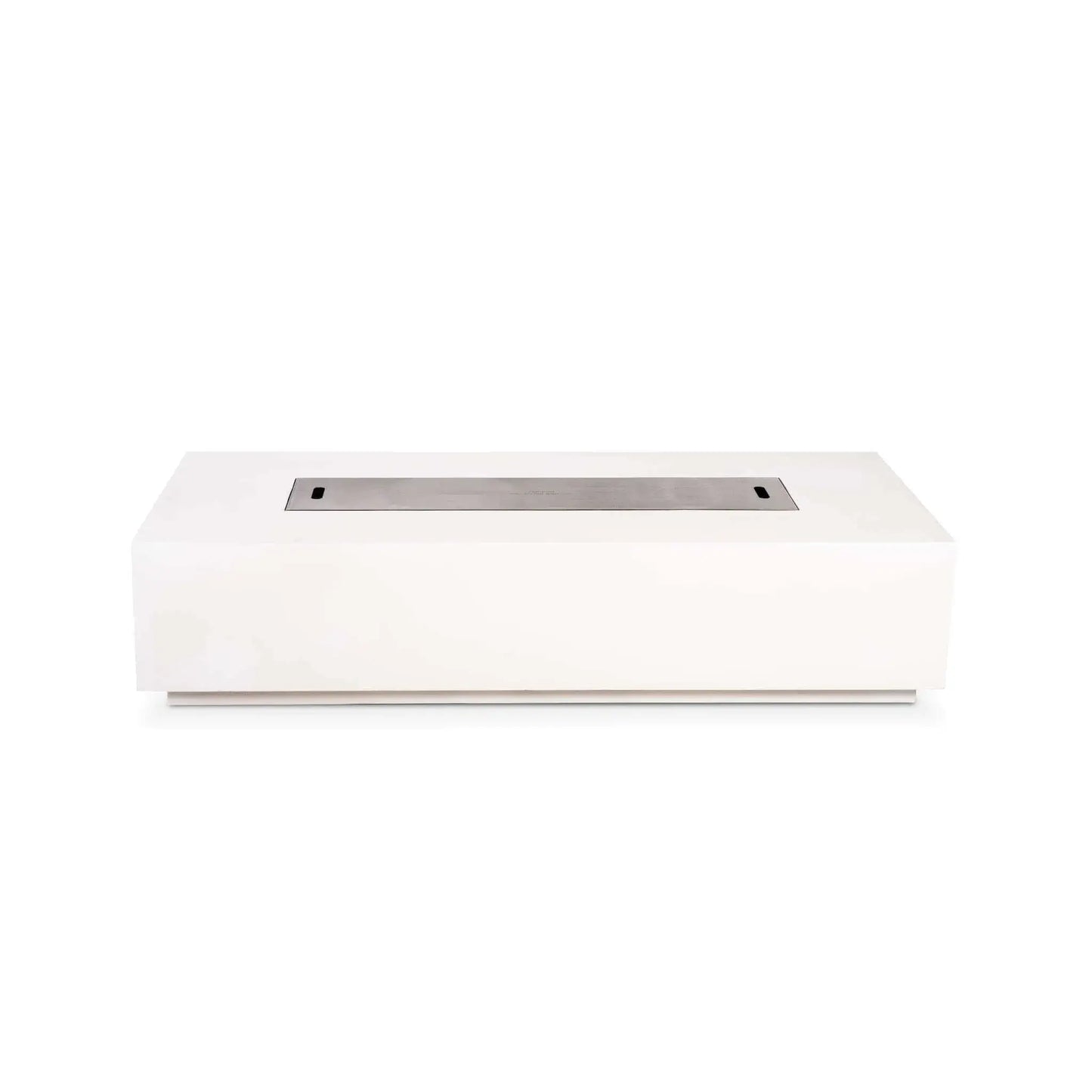 Straight front studio view of the Flame Havens Refuge Series 68 x 30 x 15-inch rectangular natural gas fire pit in white GFRC concrete. A brushed stainless steel burner cover sits flush in the long central opening, creating a clean tabletop surface, with no controls visible on the front face.