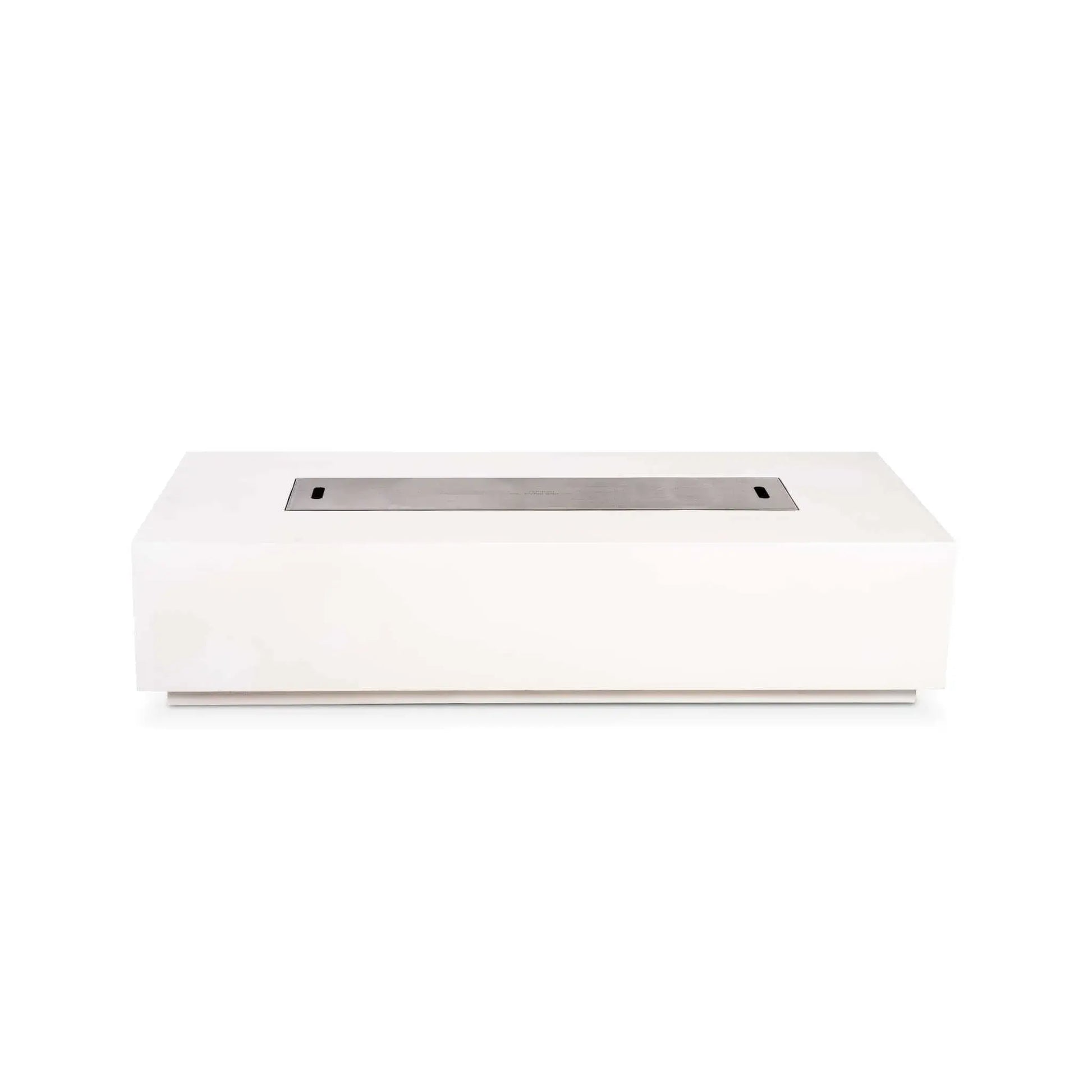 Straight front studio view of the Flame Havens Refuge Series 68 x 30 x 15-inch rectangular natural gas fire pit in white GFRC concrete. A brushed stainless steel burner cover sits flush in the long central opening, creating a clean tabletop surface, with no controls visible on the front face.