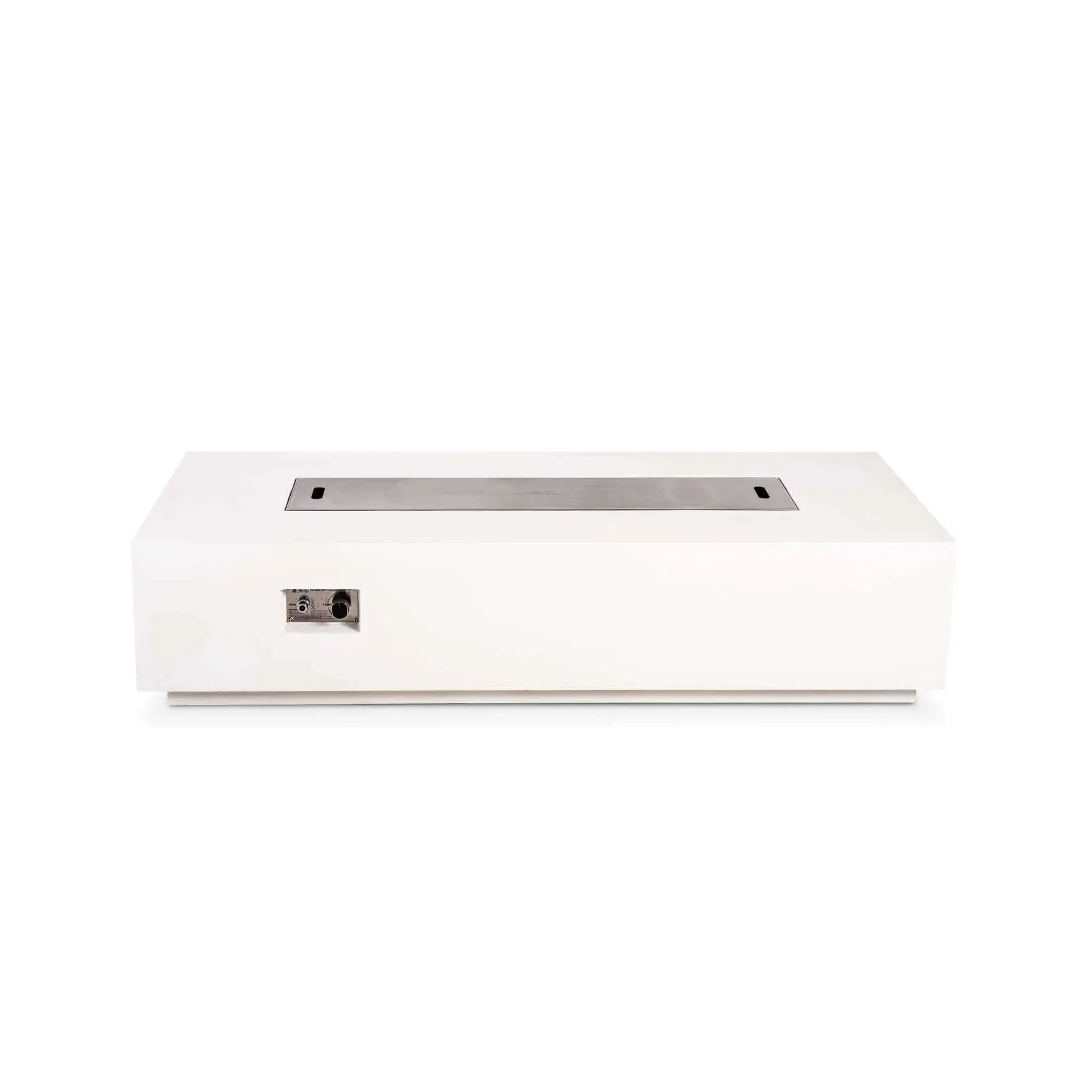 Straight front view of the Flame Havens Refuge Series 68 x 30 x 15-inch rectangular natural gas fire pit in white GFRC concrete. A brushed stainless steel burner cover sits flush across the central opening, while the recessed front panel displays the push-button ignition and gas control knob.