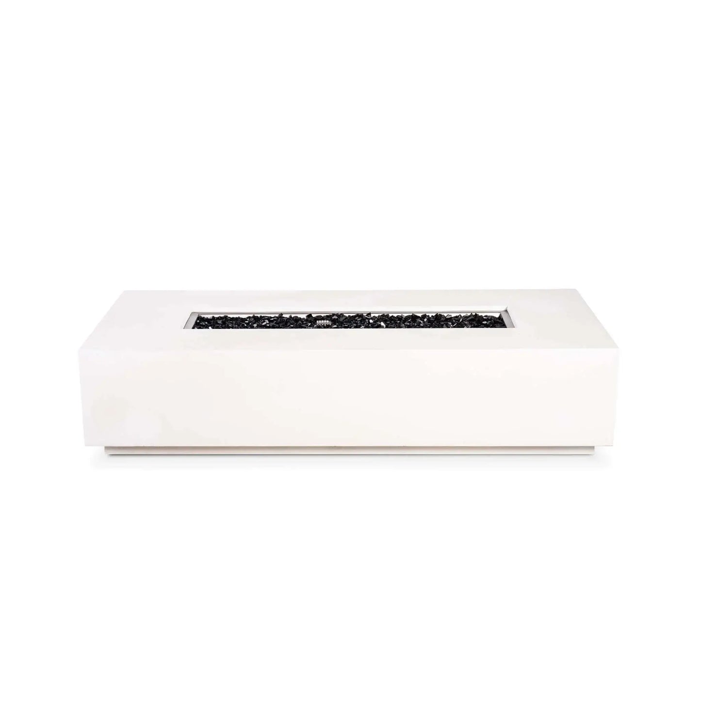 Flame Havens Refuge Series 68 x 30 x 15-inch white GFRC rectangular natural gas fire pit shown from the front with the flame off. Reflective tempered black fire glass fills the long stainless steel burner opening, while the clean front face is shown without visible controls.