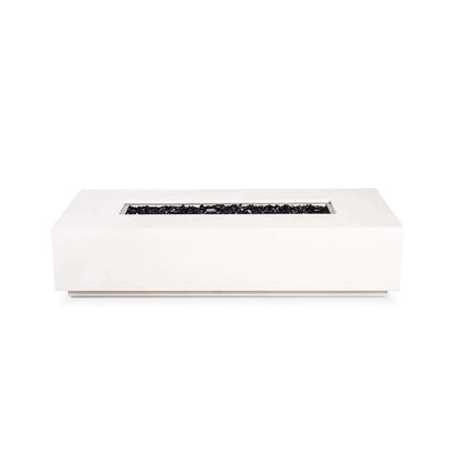 Flame Havens Refuge Series 68 x 30 x 15-inch white GFRC rectangular natural gas fire pit shown from the front with the flame off. Reflective tempered black fire glass fills the long stainless steel burner opening, while the clean front face is shown without visible controls.