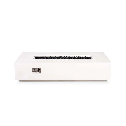 Straight front view of the Flame Havens Refuge Series 68 x 30 x 15-inch white GFRC natural gas fire pit with the flame off. Tempered black fire glass fills the rectangular burner opening, and the recessed ignition button and gas control knob are visible on the front panel.