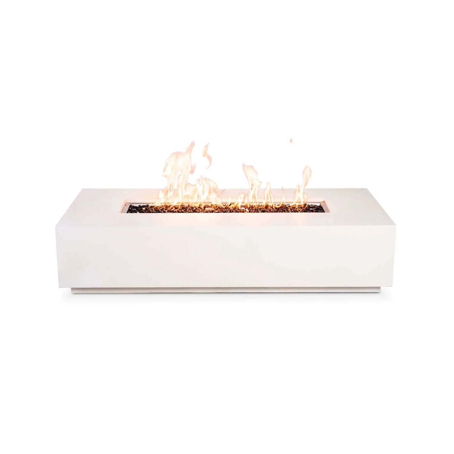 Flame Havens Refuge Series 68 x 30 x 15-inch rectangular natural gas fire pit in white GFRC concrete, shown burning from a straight front view. Tall golden flames rise across the tempered black fire glass in the linear burner opening, with no controls visible on the front face.