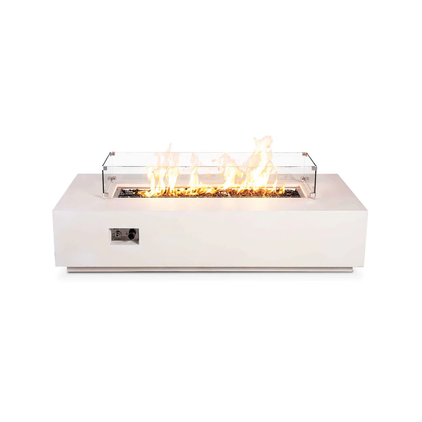 Straight front view of the Flame Havens Refuge Series 68 x 30 x 15-inch white GFRC natural gas fire pit with a clear glass wind guard. Bright flames rise from tempered black fire glass inside the rectangular enclosure, while stainless steel corner brackets and recessed front controls remain visible.