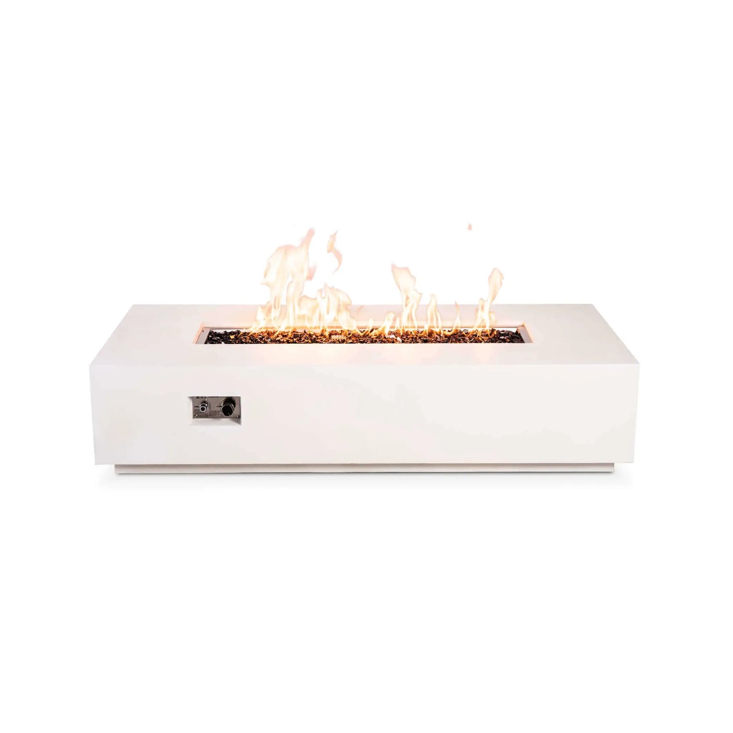 Straight front studio view of the Flame Havens Refuge Series 68 x 30 x 15-inch rectangular natural gas fire pit in white GFRC concrete. Golden flames burn across the tempered black fire glass, with the recessed push-button igniter and flame adjustment knob clearly visible on the front.