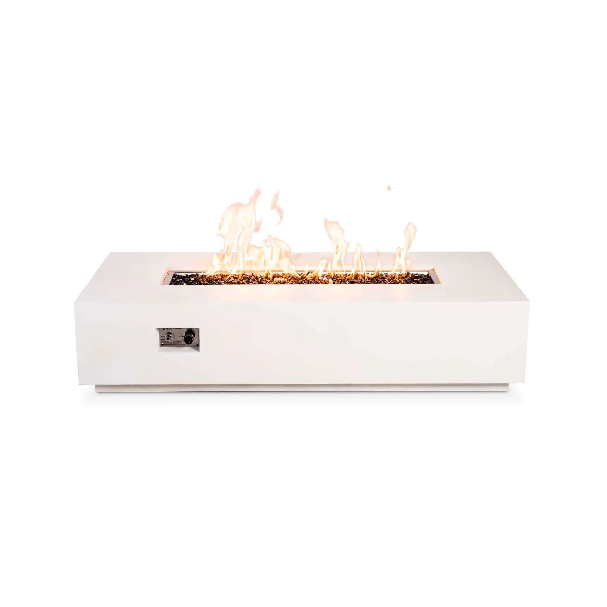 Straight front studio view of the Flame Havens Refuge Series 68 x 30 x 15-inch rectangular natural gas fire pit in white GFRC concrete. Golden flames burn across the tempered black fire glass, with the recessed push-button igniter and flame adjustment knob clearly visible on the front.
