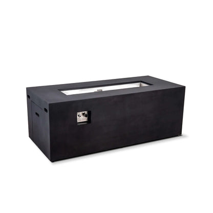 Full angled view of the black Flame Havens Refuge Series 68 x 30 x 24-inch rectangular GFRC concrete propane fire pit on a white background, featuring a recessed stainless steel burner pan, built-in CSA ignition controls, ventilation openings, and a concealed tank access panel.