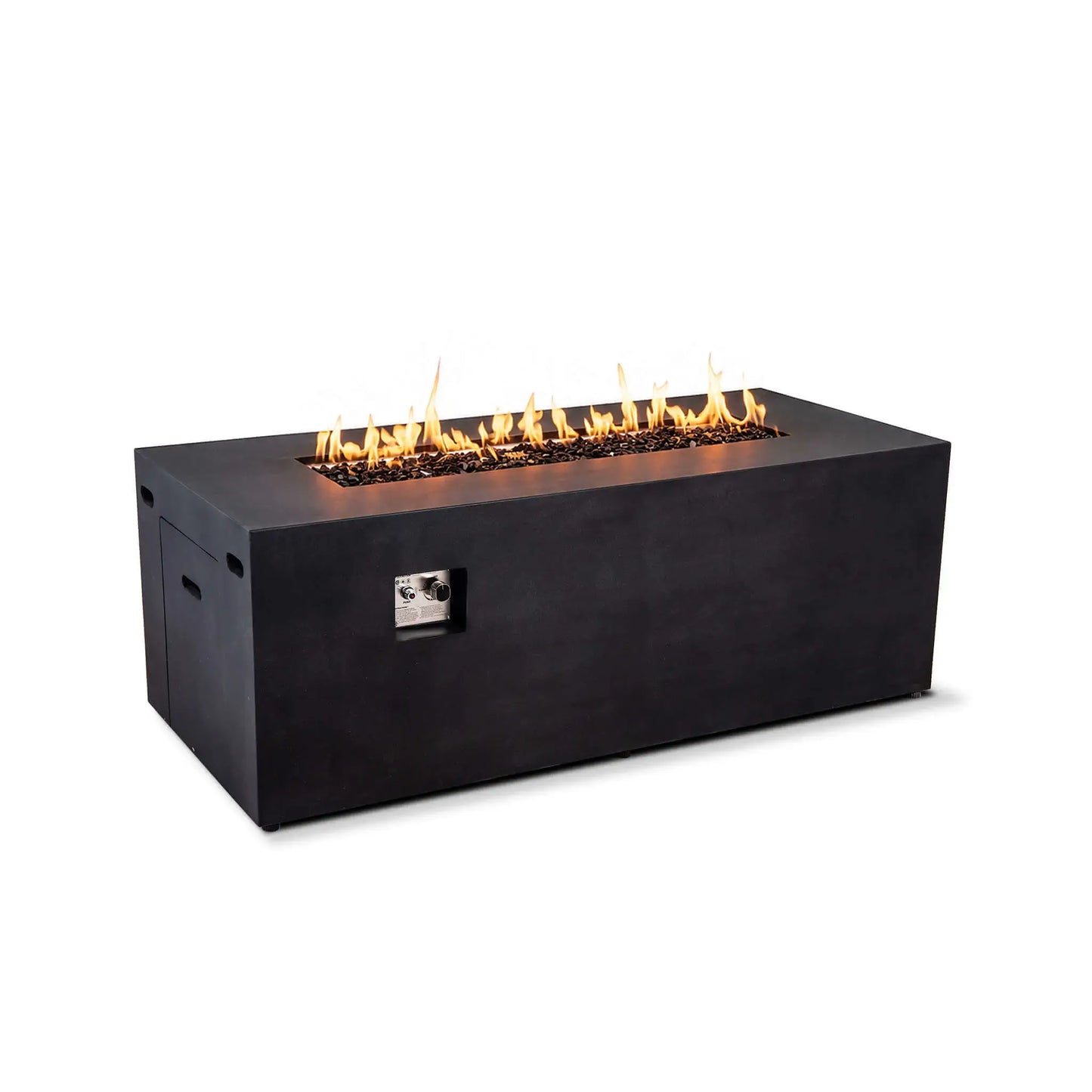 Black Flame Havens Refuge Series 68 x 30 x 24-inch rectangular GFRC concrete propane fire pit burning with a long line of natural-looking flames over tempered black fire glass, shown at an angle with the built-in ignition and flame control panel visible on the front.