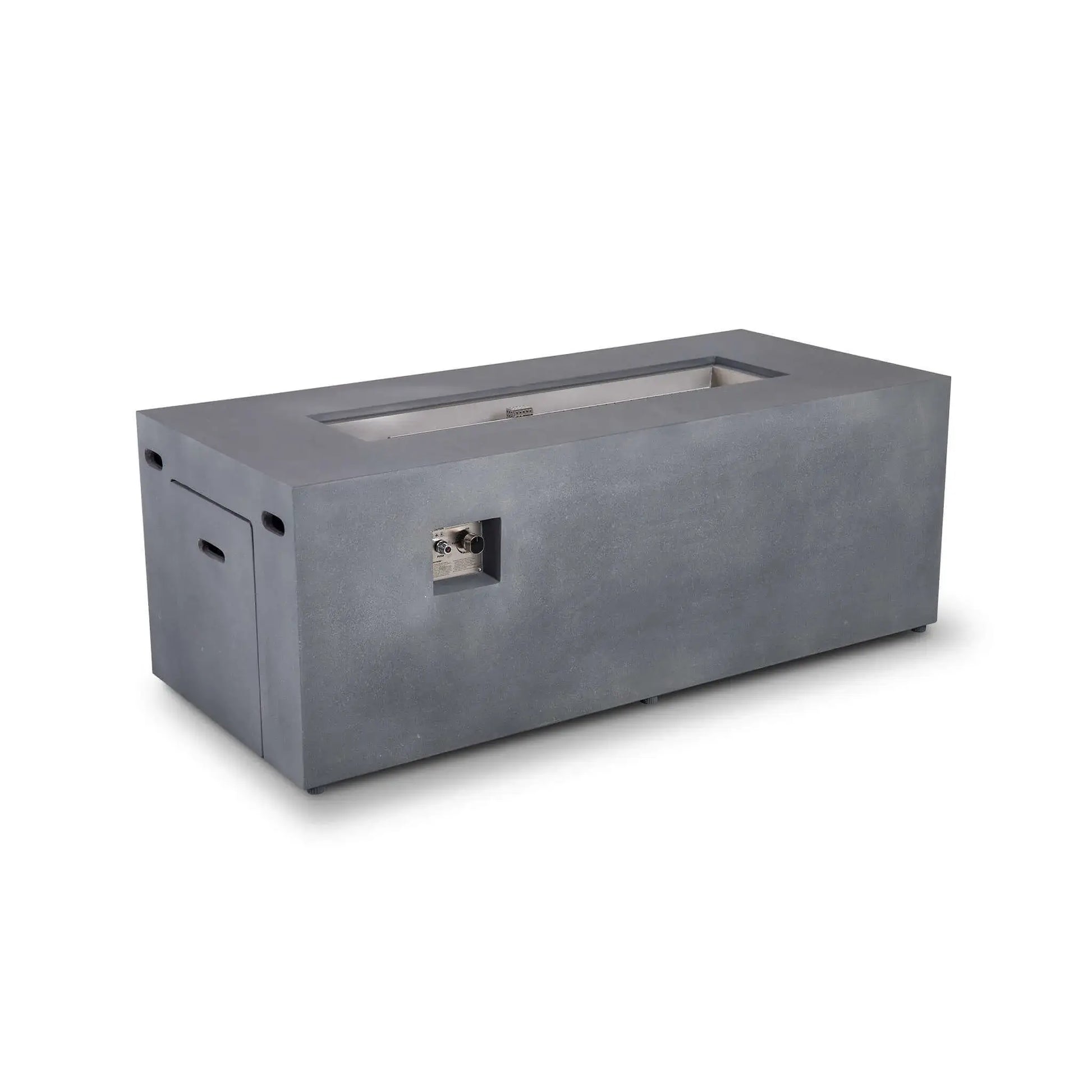 Full angled view of the Flame Havens Refuge Series 68 x 30 x 24-inch rectangular propane gas fire pit in gray GFRC concrete, featuring an exposed stainless steel burner pan, recessed CSA ignition controls, side ventilation openings, and a concealed tank access door.