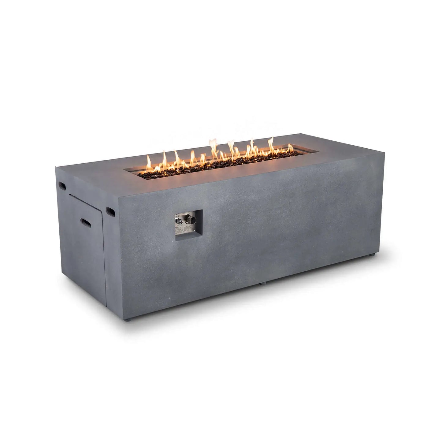 Flame Havens Refuge Series 68 x 30 x 24-inch rectangular propane gas fire pit in gray GFRC concrete with a bright linear flame burning over tempered black fire glass, shown alongside the recessed ignition and flame adjustment controls.