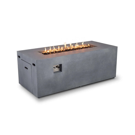 Flame Havens Refuge Series 68 x 30 x 24-inch rectangular propane gas fire pit in gray GFRC concrete with a bright linear flame burning over tempered black fire glass, shown alongside the recessed ignition and flame adjustment controls.