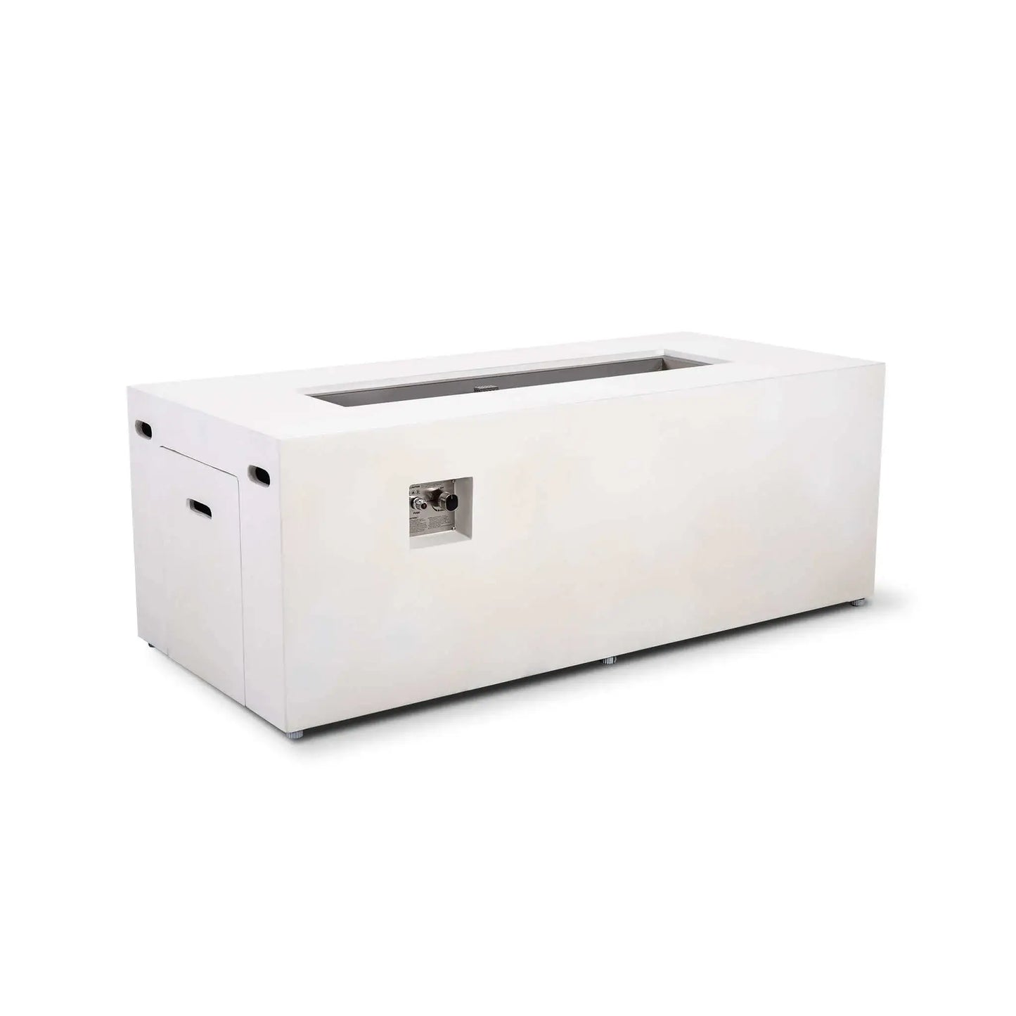 Angled product view of the Flame Havens Refuge Series 68 x 30 x 24-inch rectangular propane gas fire pit in white GFRC concrete. The image shows its recessed stainless steel burner pan, built-in tank access door, ventilation openings, adjustable feet, and recessed CSA ignition control panel.