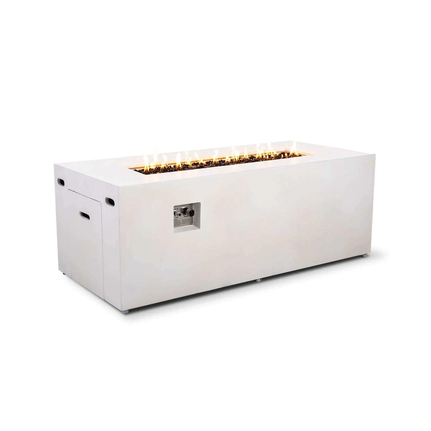 Flame Havens Refuge Series 68 x 30 x 24-inch rectangular propane fire pit shown burning against a white background. Warm flames rise in a straight line above tempered black fire glass, while the white GFRC concrete body displays the hidden tank door, ventilation openings, and recessed ignition controls.