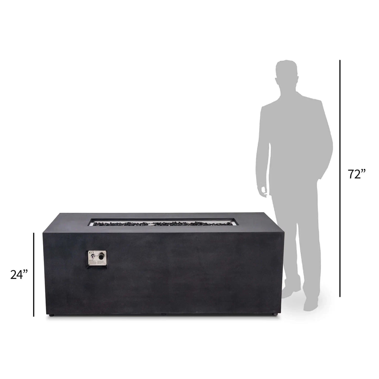 Size comparison of the Flame Havens Refuge Series 68 x 30 x 24-inch rectangular black GFRC concrete propane fire pit beside a 72-inch human silhouette. The image highlights the fire pit’s 24-inch height, wide linear profile, stainless steel burner, black fire glass, and front CSA ignition controls.