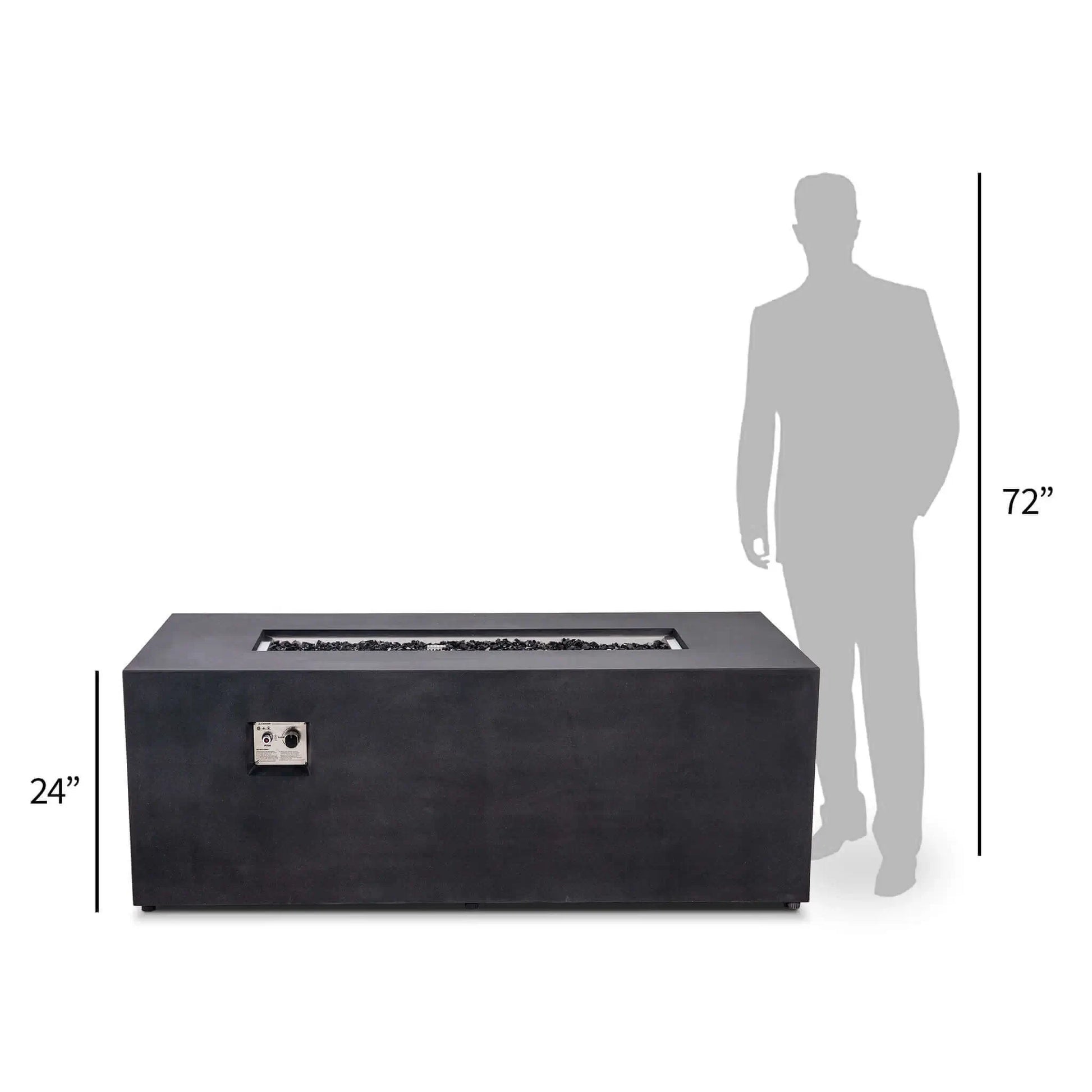Size comparison of the Flame Havens Refuge Series 68 x 30 x 24-inch rectangular black GFRC concrete propane fire pit beside a 72-inch human silhouette. The image highlights the fire pit’s 24-inch height, wide linear profile, stainless steel burner, black fire glass, and front CSA ignition controls.