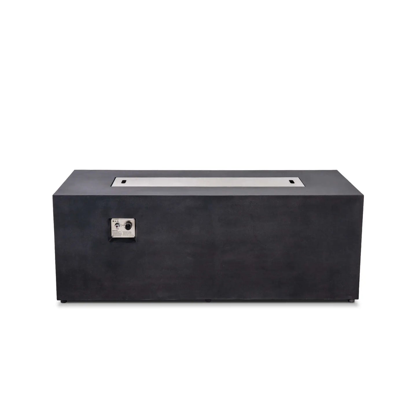 Straight-on product view of the black Flame Havens Refuge Series 68 x 30 x 24-inch rectangular GFRC concrete propane fire pit with a flush stainless steel burner cover installed. The cover includes two recessed lift handles, while the built-in ignition and flame controls remain visible on the front.