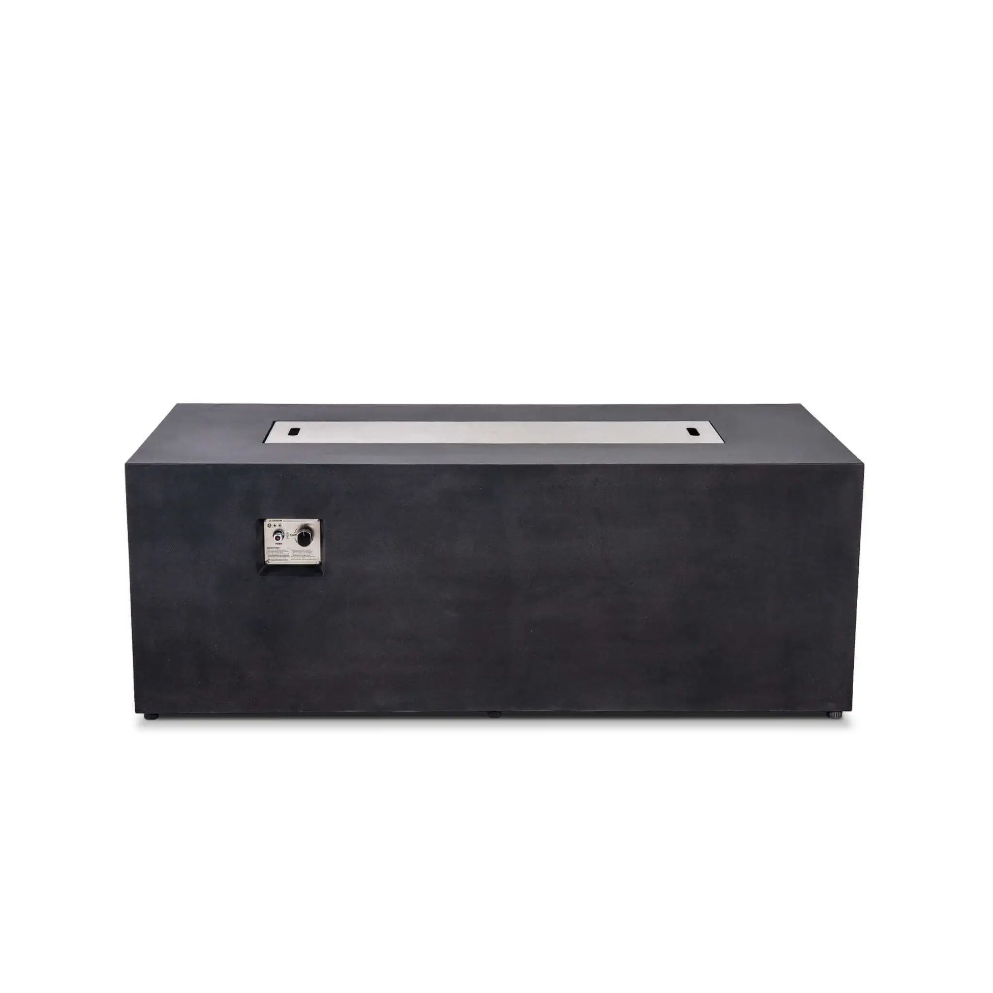 Straight-on product view of the black Flame Havens Refuge Series 68 x 30 x 24-inch rectangular GFRC concrete propane fire pit with a flush stainless steel burner cover installed. The cover includes two recessed lift handles, while the built-in ignition and flame controls remain visible on the front.
