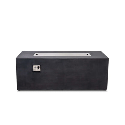 Straight-on product view of the black Flame Havens Refuge Series 68 x 30 x 24-inch rectangular GFRC concrete propane fire pit with a flush stainless steel burner cover installed. The cover includes two recessed lift handles, while the built-in ignition and flame controls remain visible on the front.