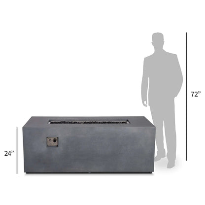 Size comparison of the Flame Havens Refuge Series 68 x 30 x 24-inch rectangular gray propane fire pit beside a 72-inch human silhouette. The front view highlights its 24-inch height, black fire glass, wide tabletop ledge, and recessed CSA ignition controls.