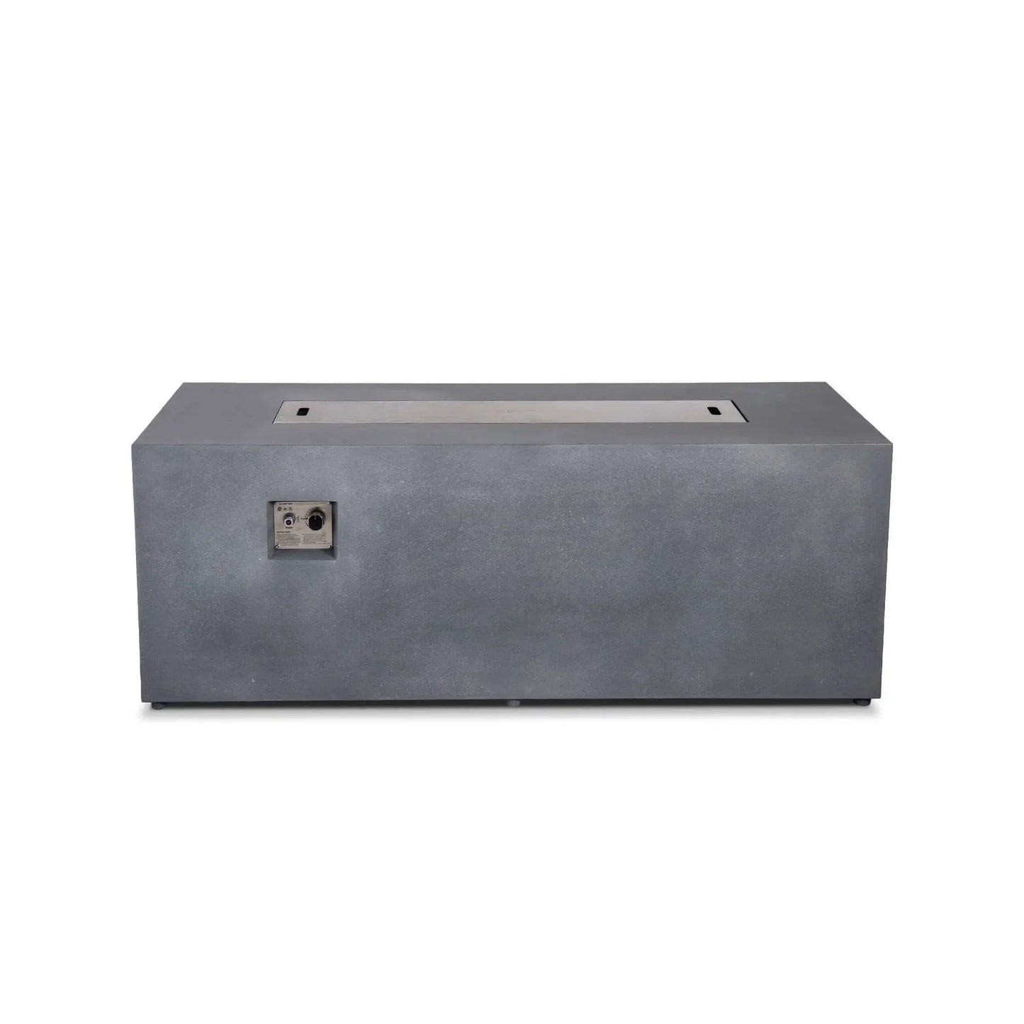 Straight front view of the Flame Havens Refuge Series 68 x 30 x 24-inch rectangular propane gas fire pit in gray GFRC concrete, shown with a flush stainless steel burner cover featuring two built-in hand openings and recessed ignition controls on the front.